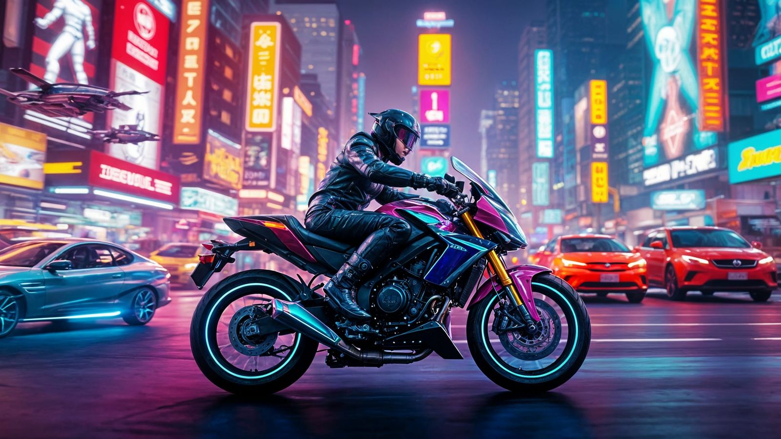 Cyberpunk Rider Speeds Through Futuristic City