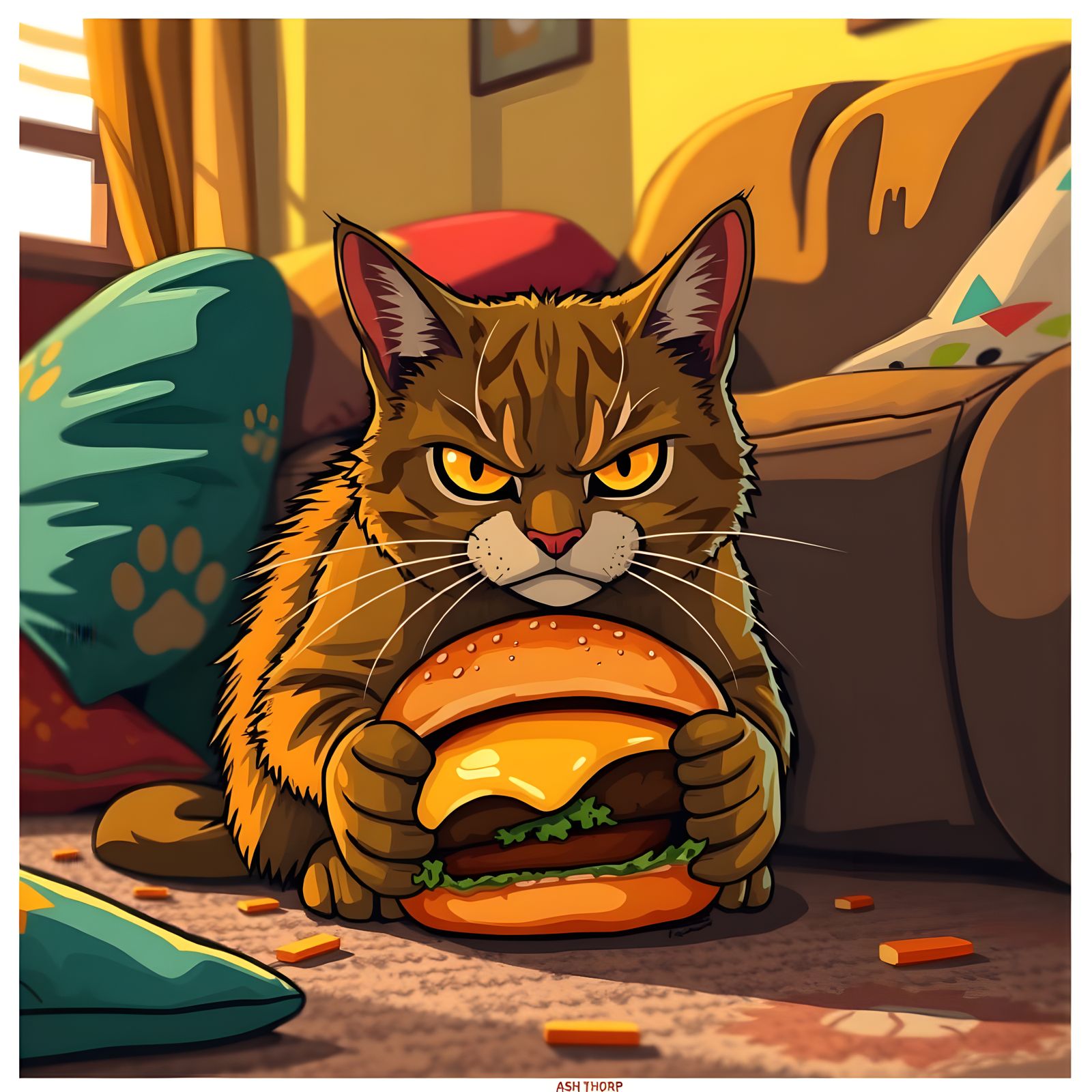 Feline Frenzy: Cat Protects Valued Cheeseburger Treasure