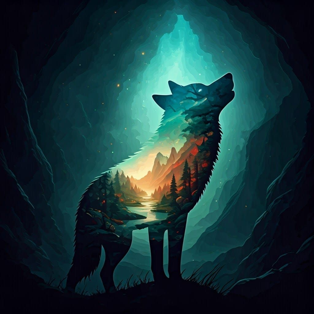 Mystical Wolf Silhouette with Landscape