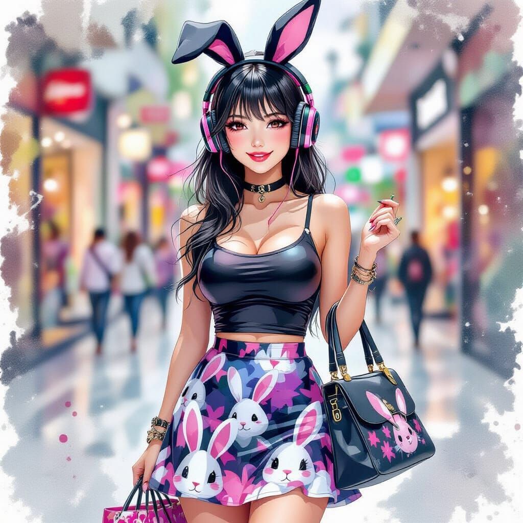 Woman Shopping with Rabbit Headphones in Watercolor Style