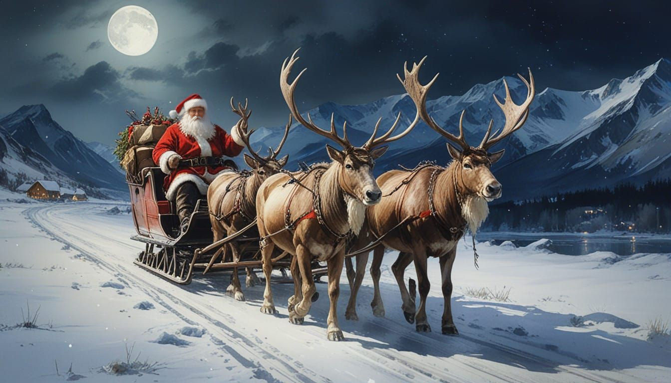Santa in His Sleigh Depicted in a Vibrant Watercolor Style