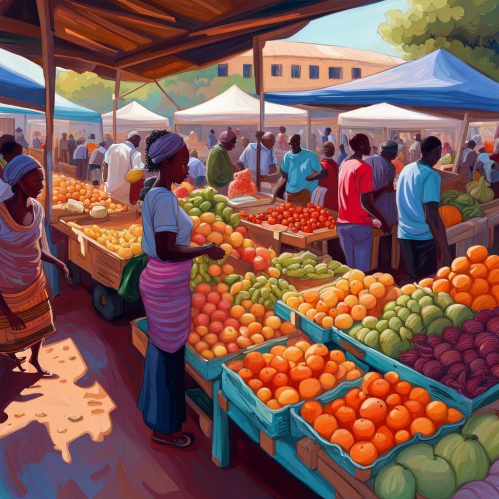 Extremely detailed digital photo of a Busy farmers market in Kenya with fresh fruit and vegetables : happy: busy: euphor...