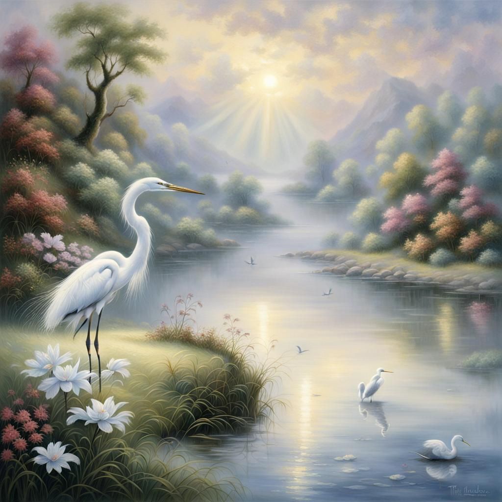 Ethereal White Heron on Misty Lake Shore