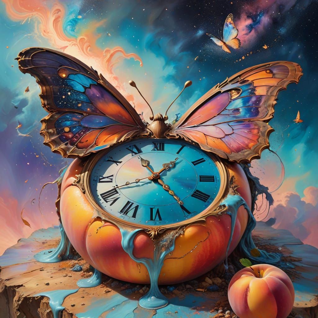 Melting Clock on Giant Peach with Butterfly in Nebula
