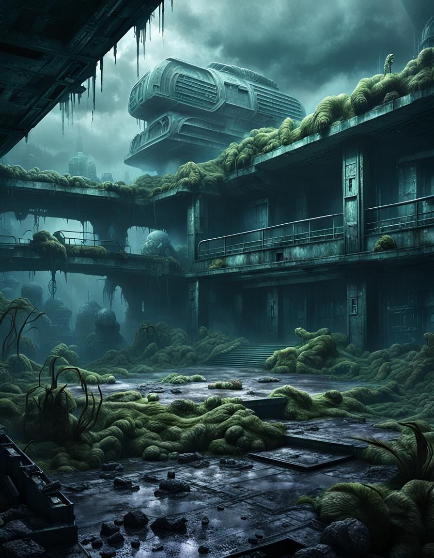 Ruined Sci-Fi Basement in Alien Horror Environment