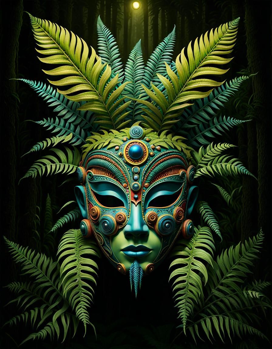Tribal Mask Merges with Biomechanical Flora