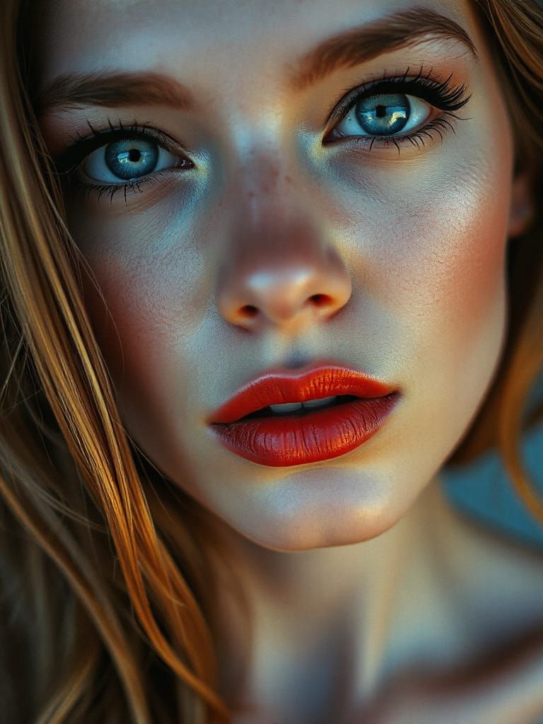 Woman with Blue Eyes and Ruby Lips