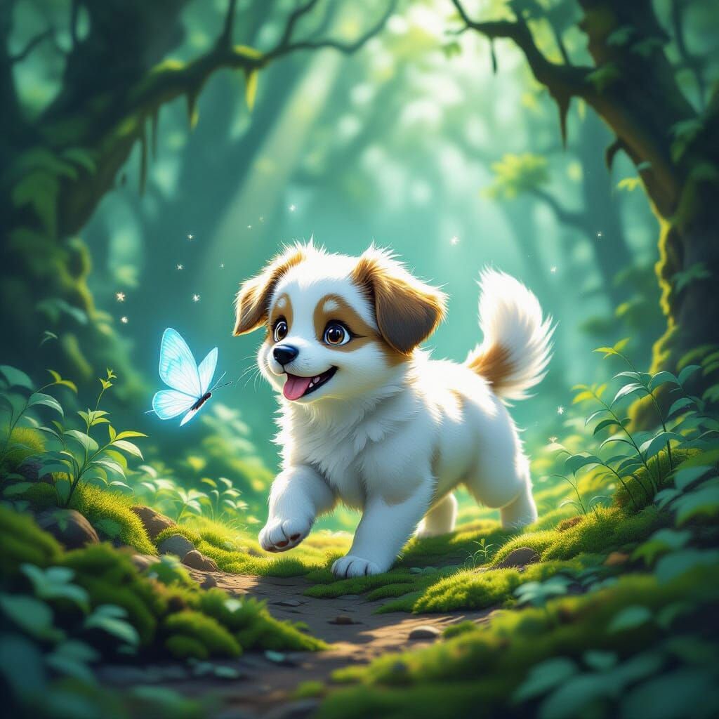 Spectral Puppy Chasing Butterfly in Ancient Forest