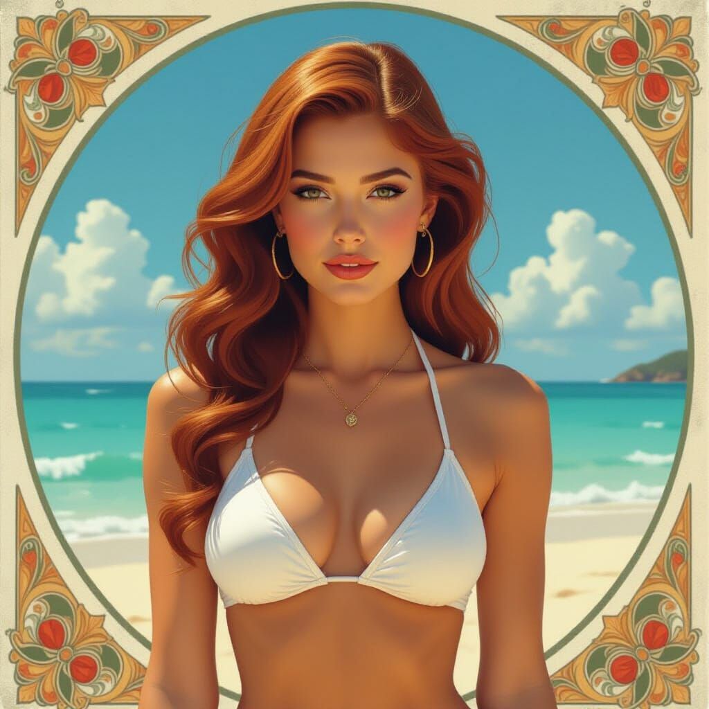 Goddess on Tropical Beach in Art Nouveau Style