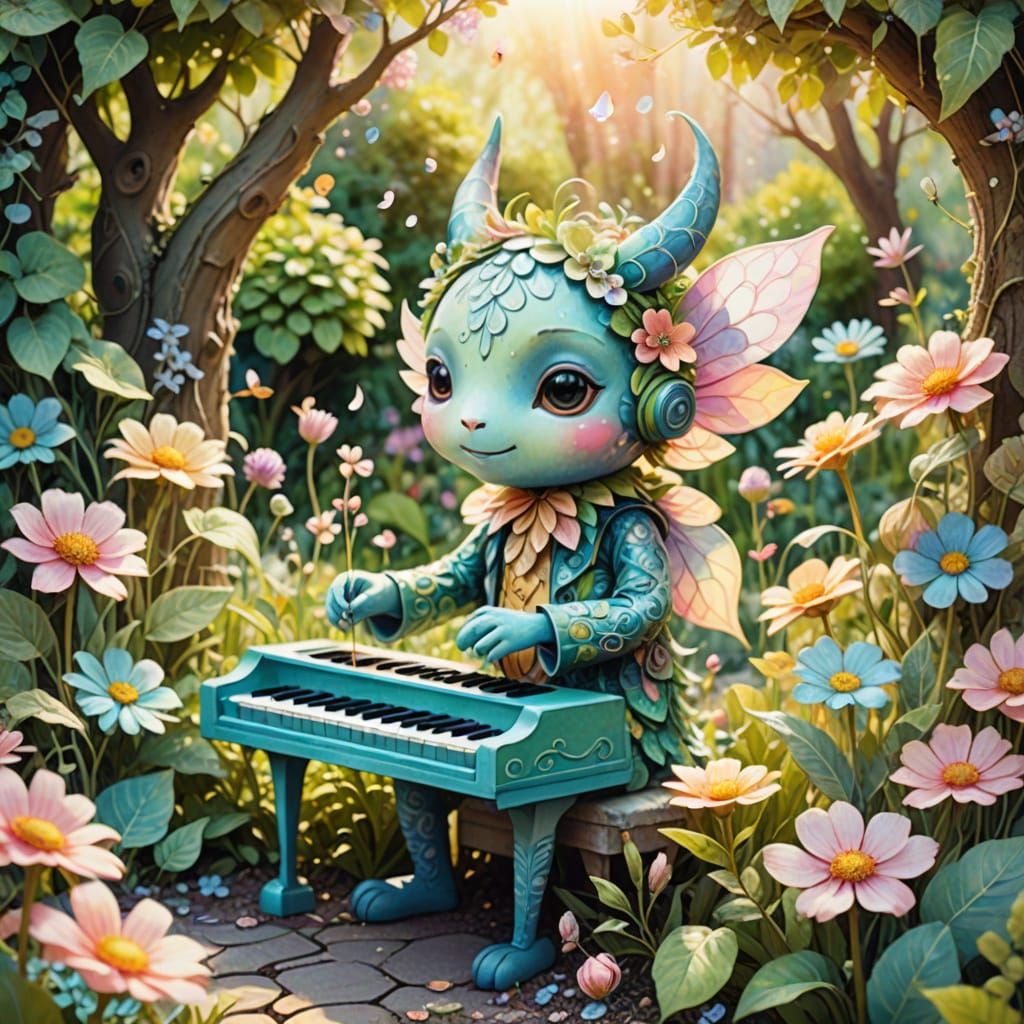 Kawaii Fantasy Creature Plays Music in Garden