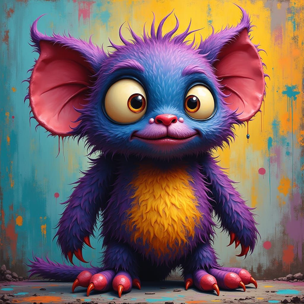 Whimsical Furry Monster with Graffiti Background
