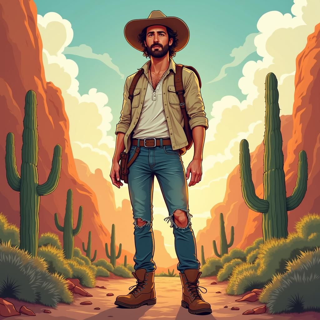 Desert Hiker in Stylized Digital Art Landscape