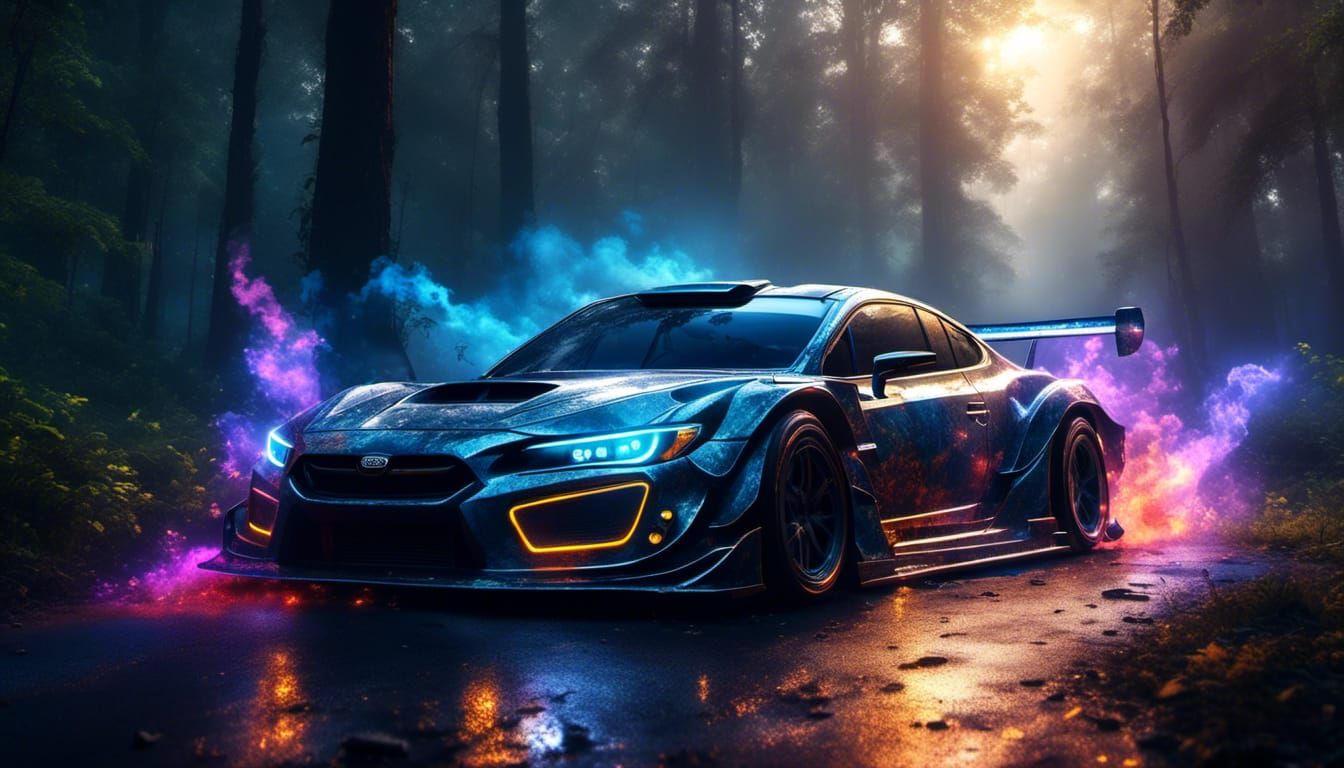 Futuristic Car Races Through Misty Forest Highway