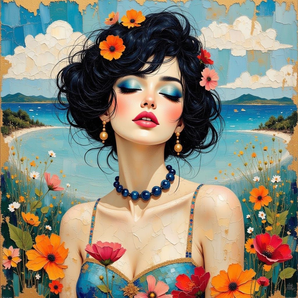 Retro Woman in Tropical Collage, Pop Art Style