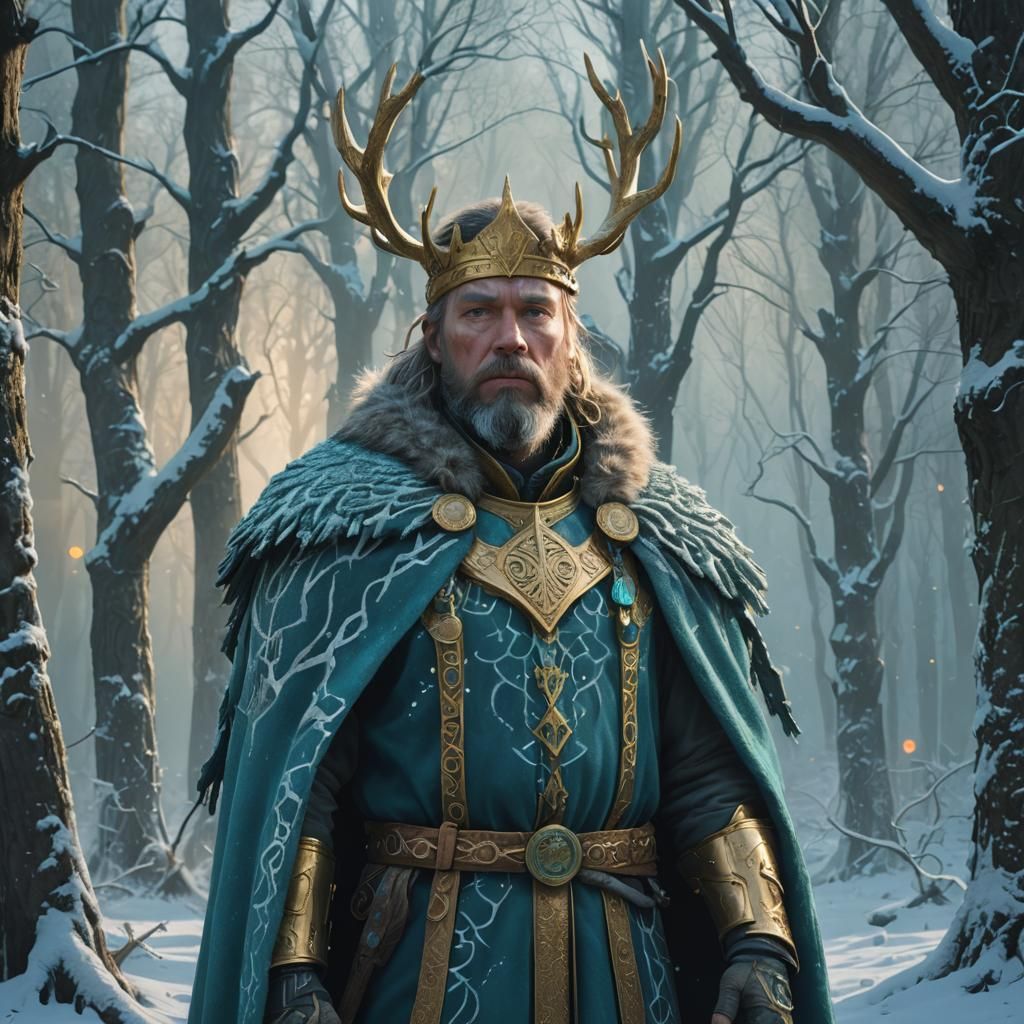 Majestic Nordic King in Snowy Forest