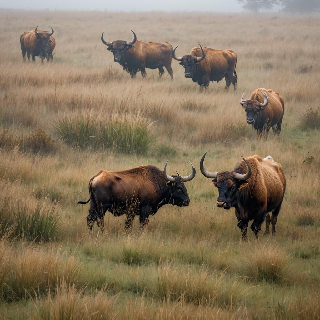 Aurochs Grazing in Foggy Field