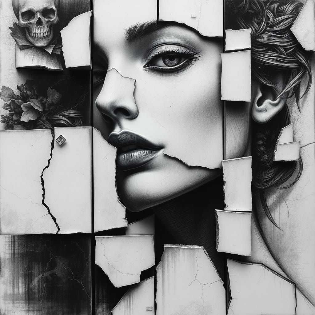Woman Disintegrates in Hyperdetailed Charcoal Drawing
