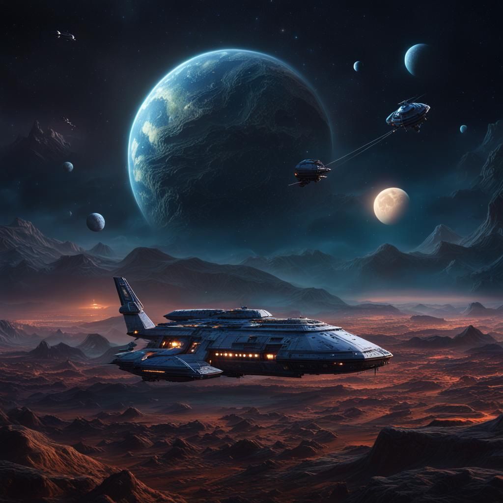 Alien Spaceship Over Moonlit Sky, Galactic Concept Art