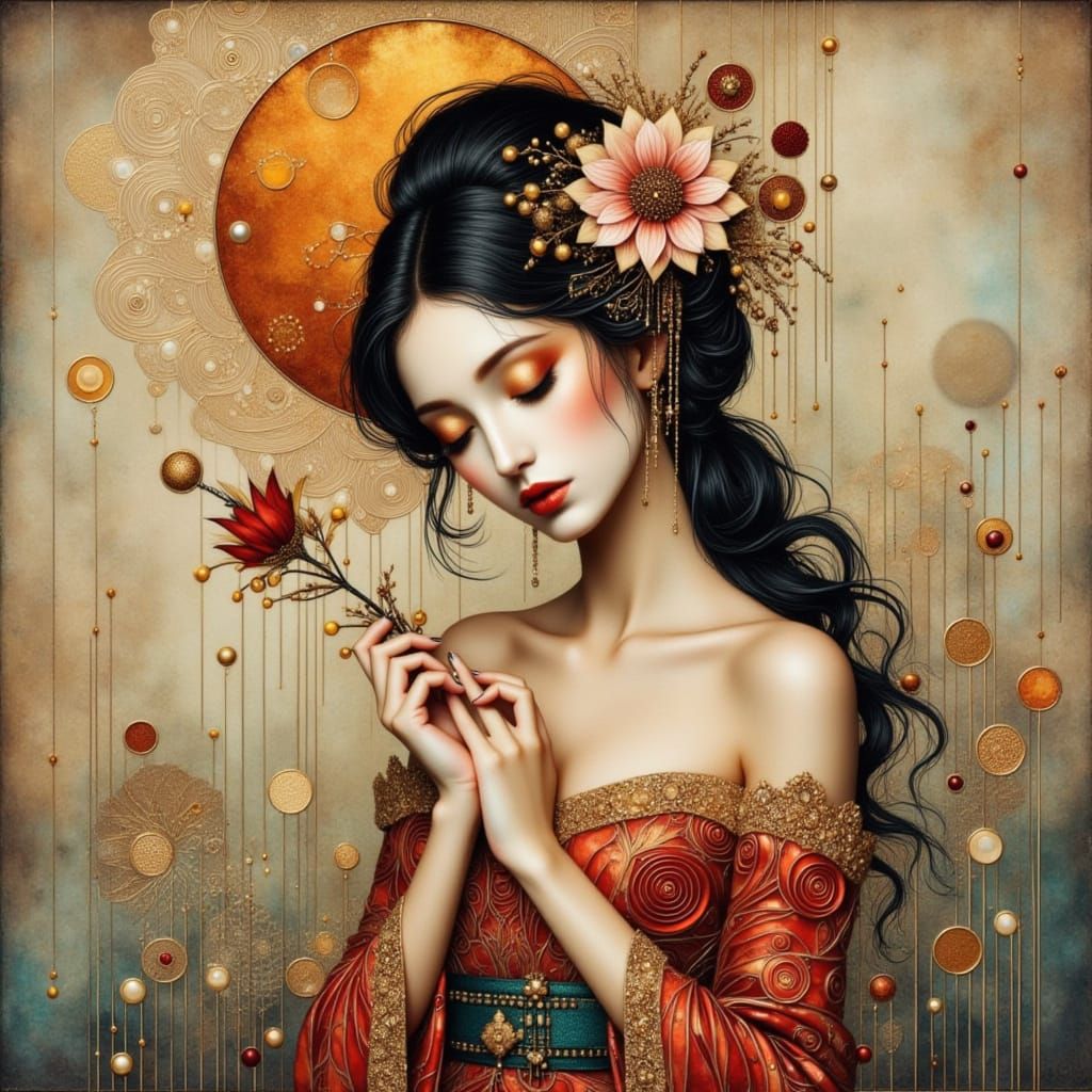 Mysterious Geisha Amidst Earthy Filigree