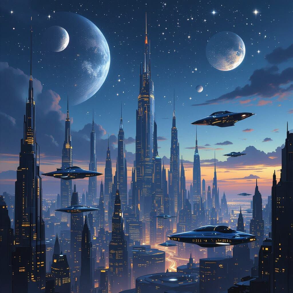Futuristic Cityscape at Twilight with Alien Moons