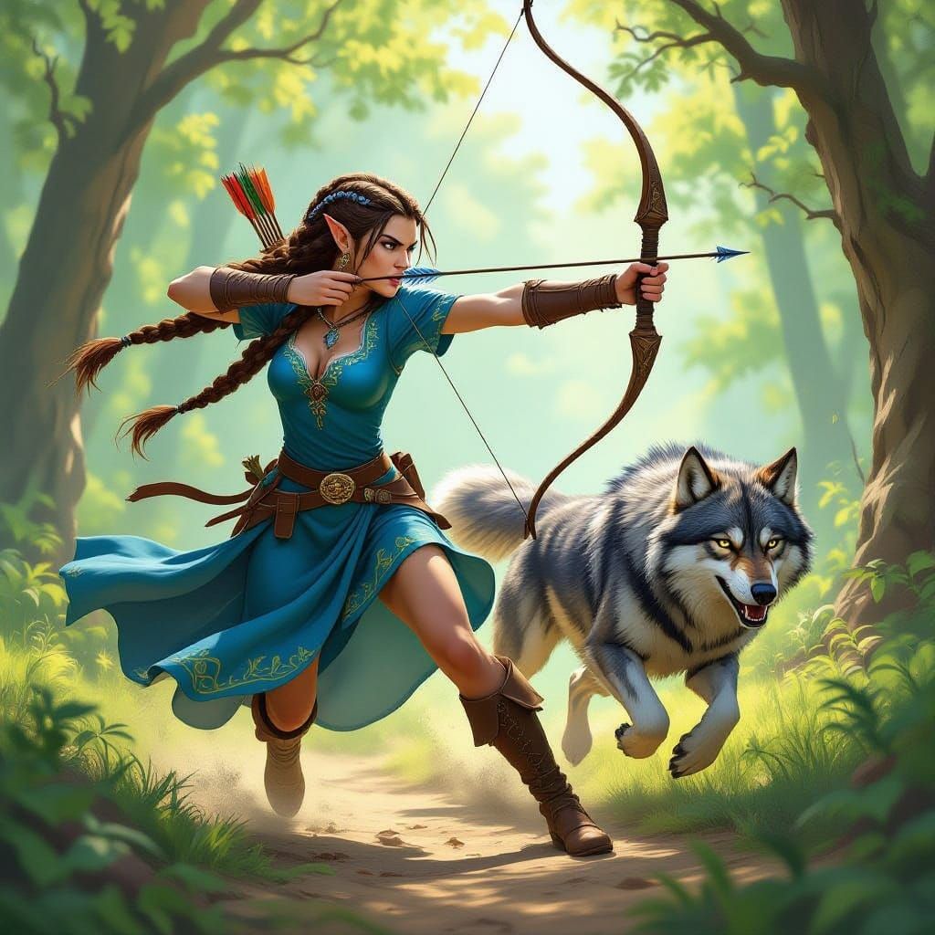 Elf Huntress Chasing Prey with Wolf in Sunlit Forest