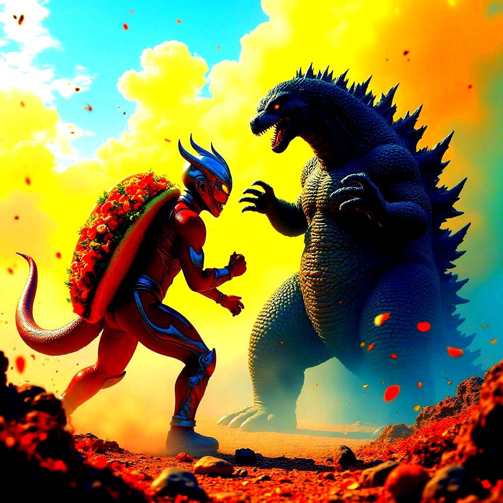 Ultraman Battling Godzilla with Taco: Matte Painting