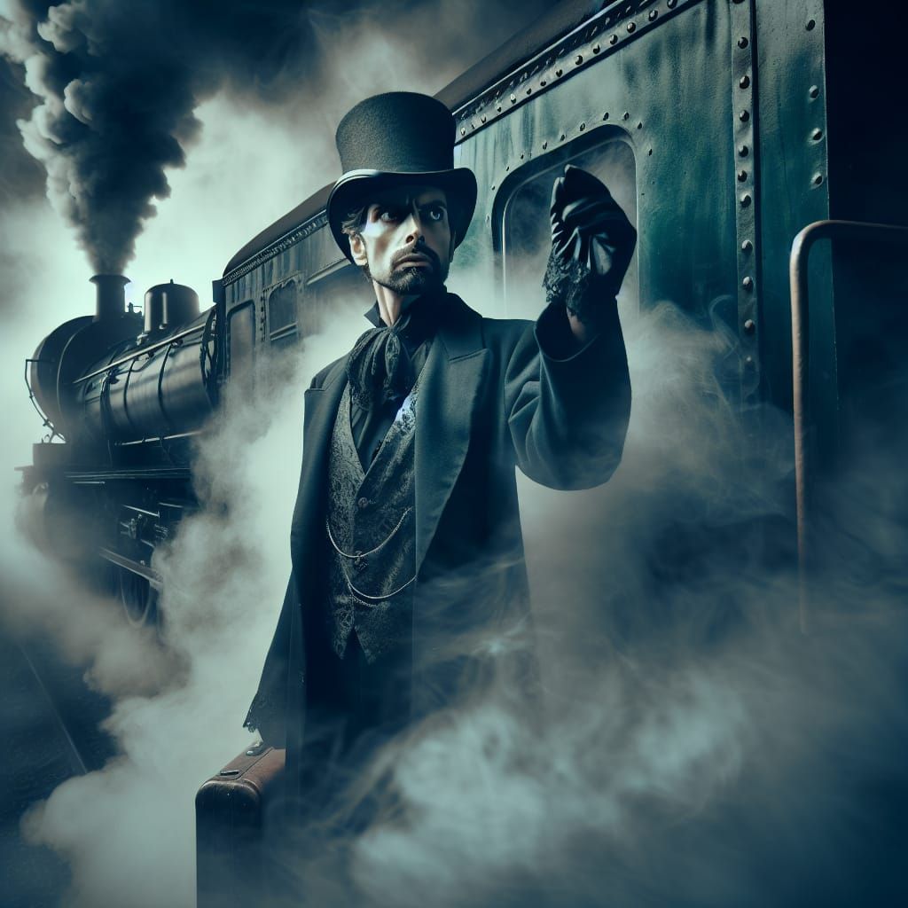 Sinister Train Conductor in Gothic Cinematic Style