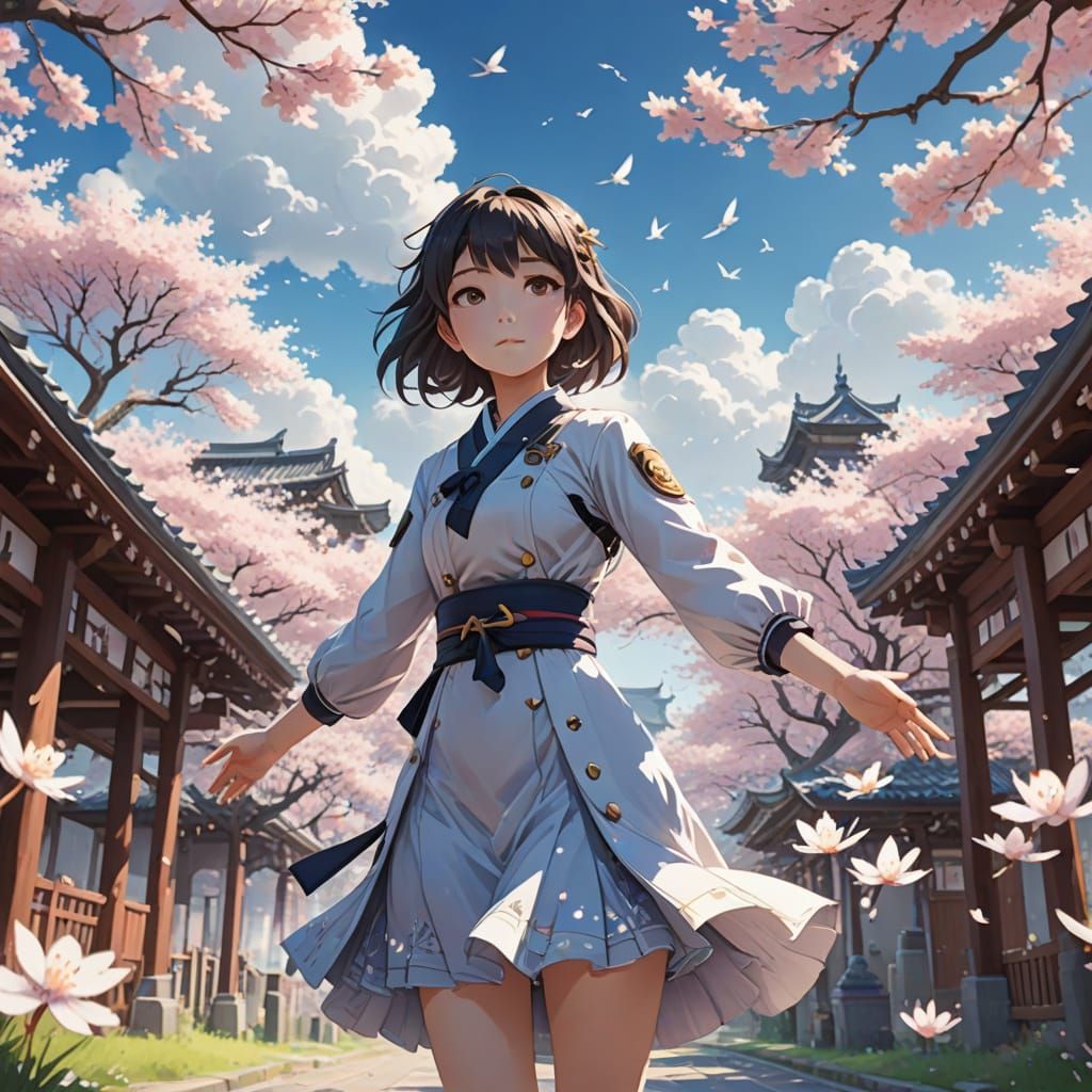 Youthful Woman Soars in Vibrant Sakura Landscape