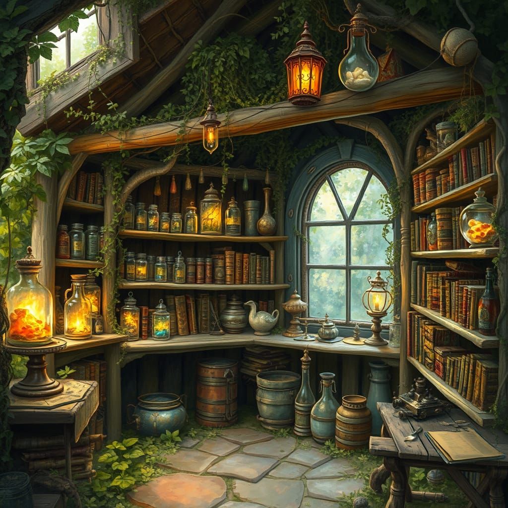Enchanted Wizard's Study Amidst Verdant Vines