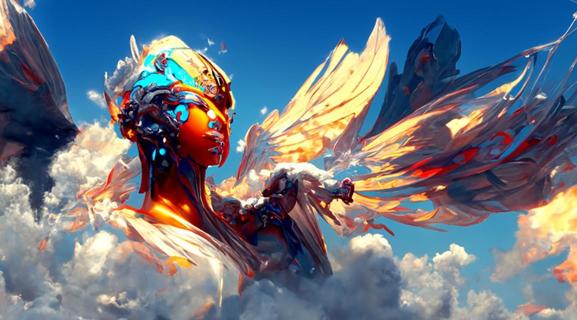 Epic Angel Ascending in Blue Sky, Art Nouveau