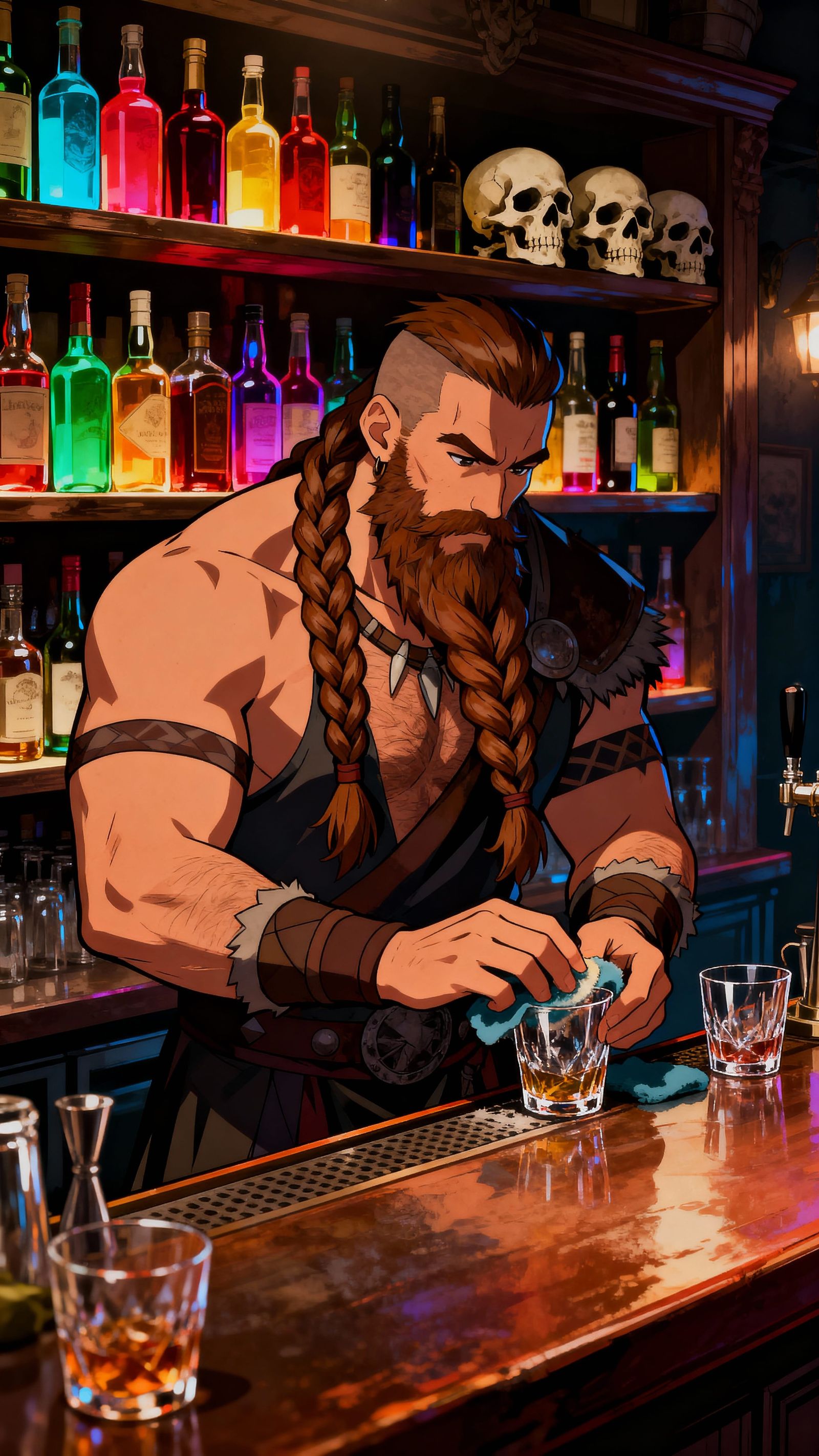 Barbarian Bartender Polishing Glasses in Dimly Lit Bar