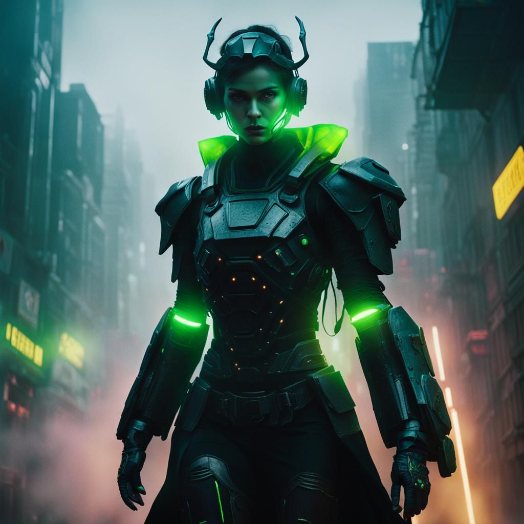 Cyberpunk Woman in Armor Strides from Fog