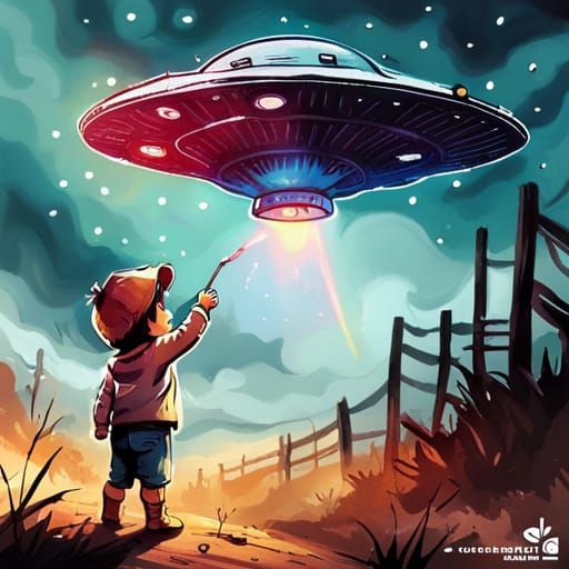 Toddler Plays with Toy UFO: Digital Watercolor Art