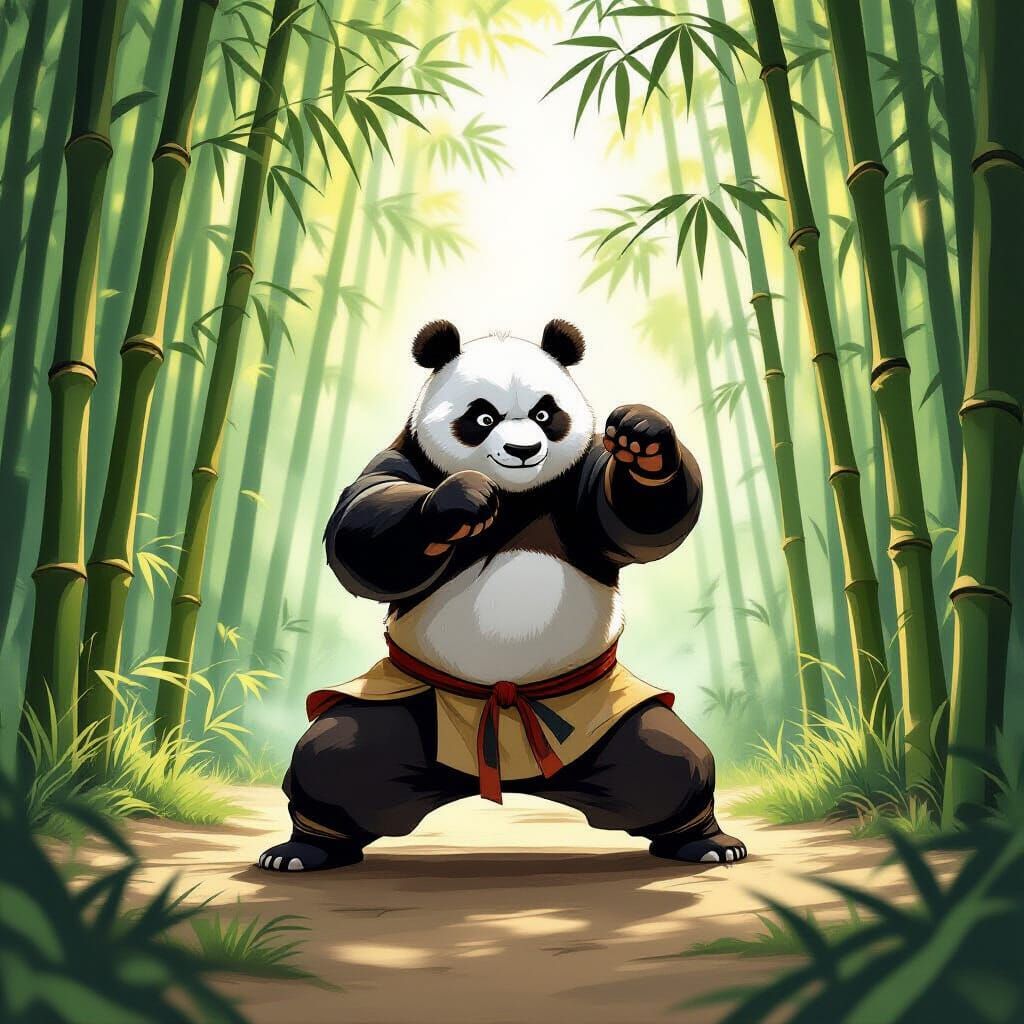 Panda Warrior in Bamboo Forest, Chinese Ink Wash Style