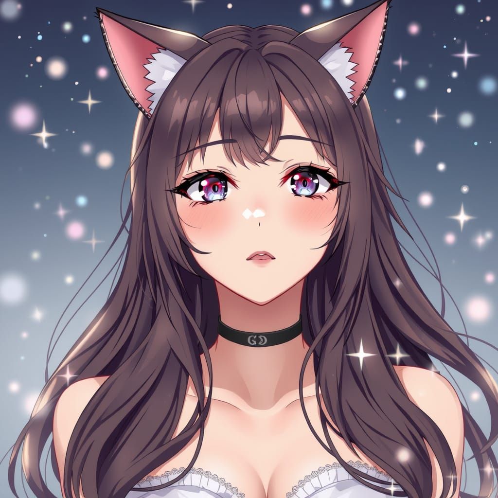 Anime Girl with Cat Ears Shines in Sparkling Light