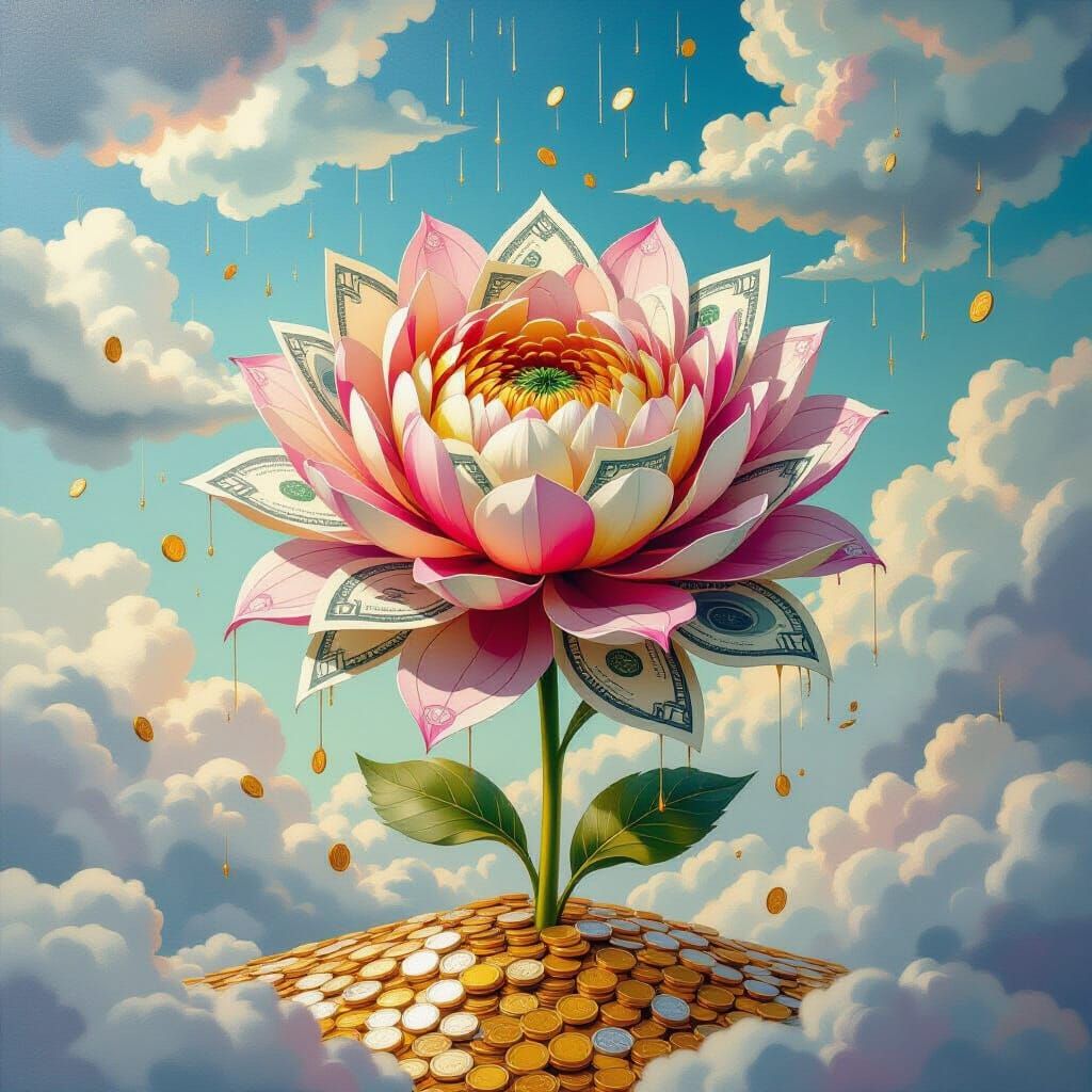 Surreal Dreamscape of Money Flowers & Coin Rain
