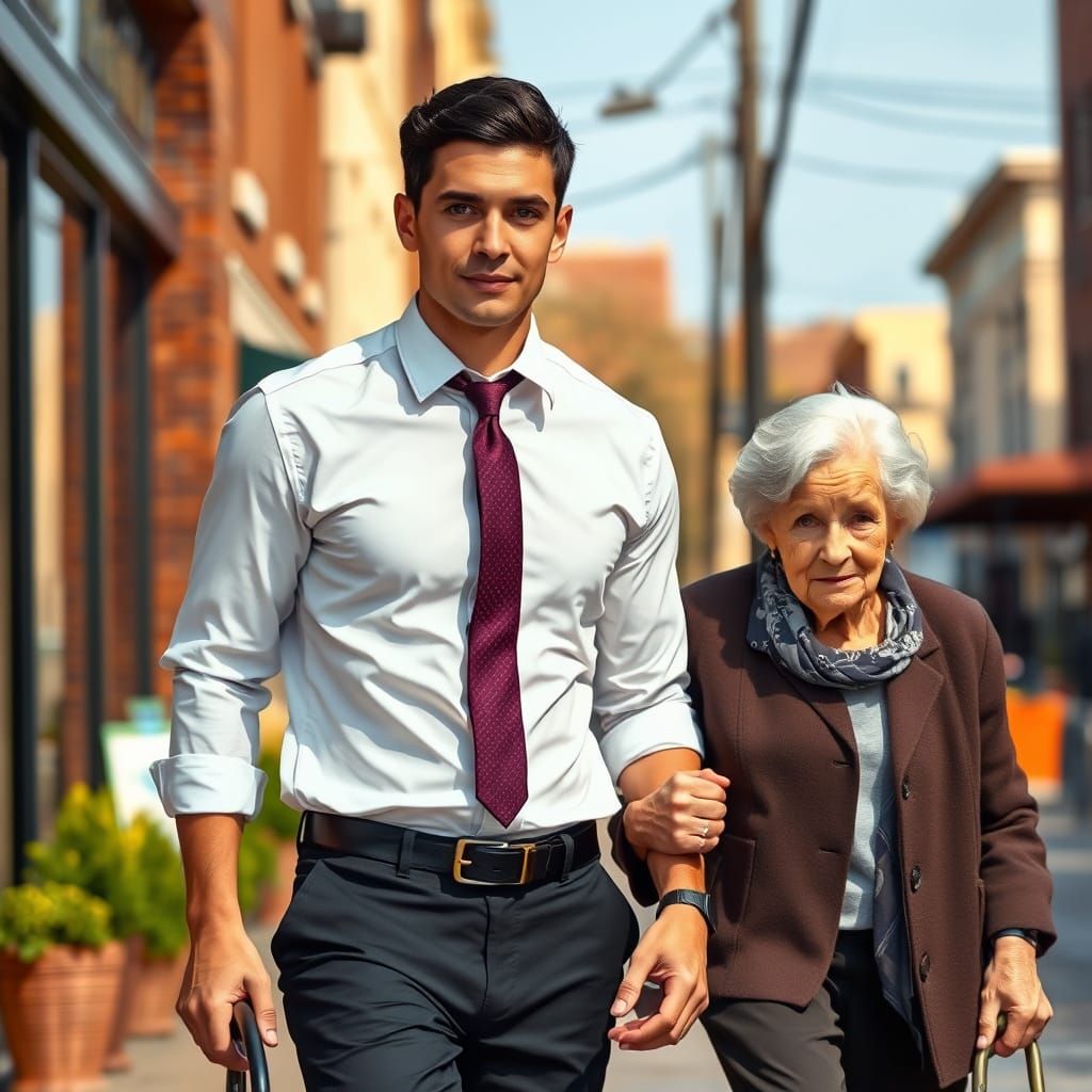 Young Man Assists Elderly Lady in Charming Urban Setting