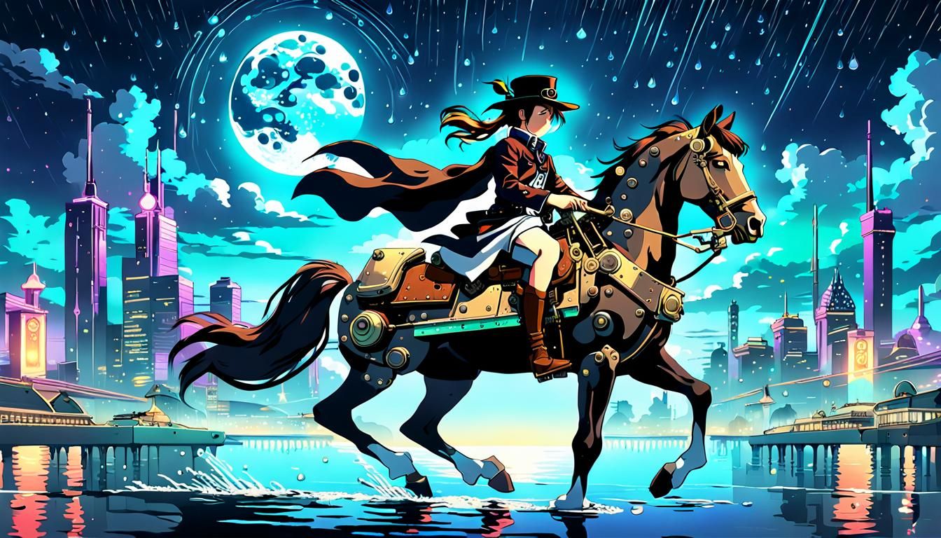 Steampunk Gunslinger on Horseback at Night
