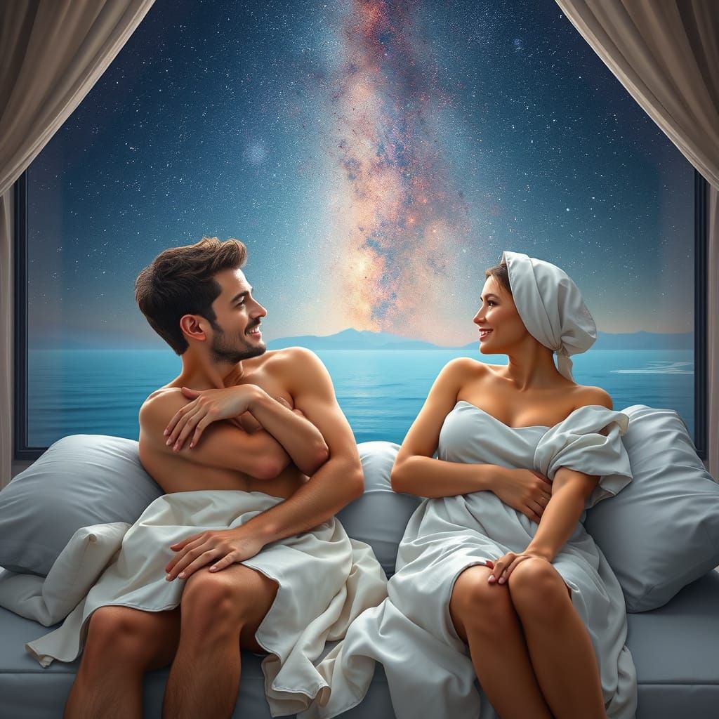 Couple in Luxury Beach Bed, Embracing Under Polar Lights