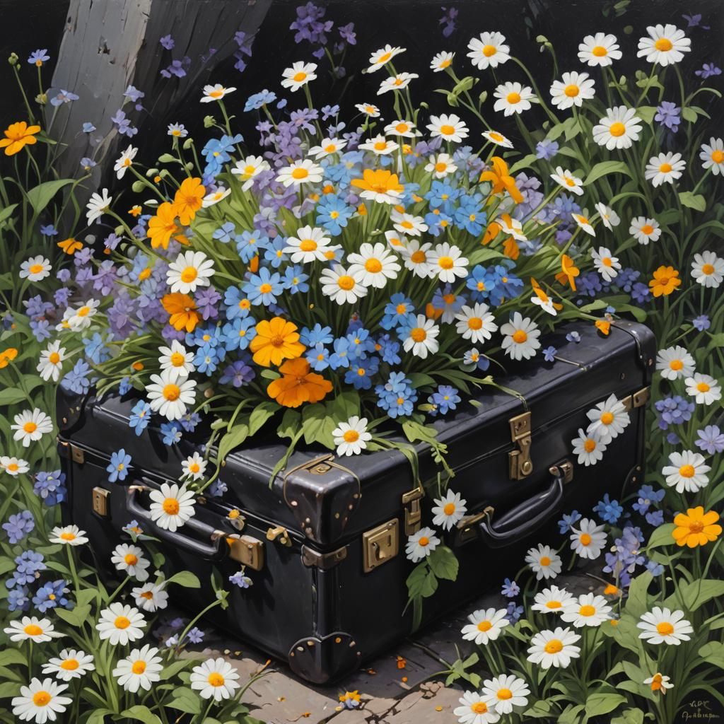 Vintage Suitcase of Colorful Flowers: Oil Painting