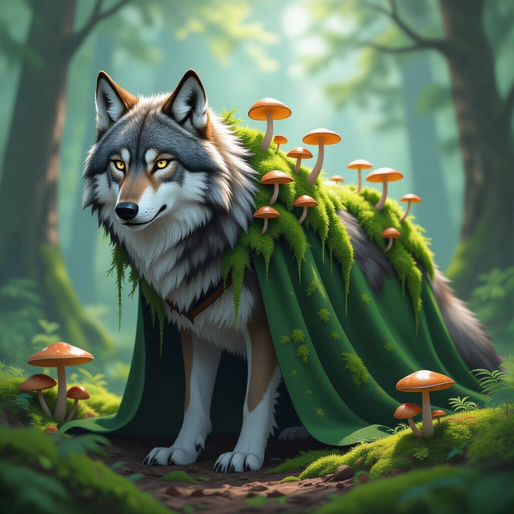 Moss-Covered Wolf Blends into Forest, Anime Style