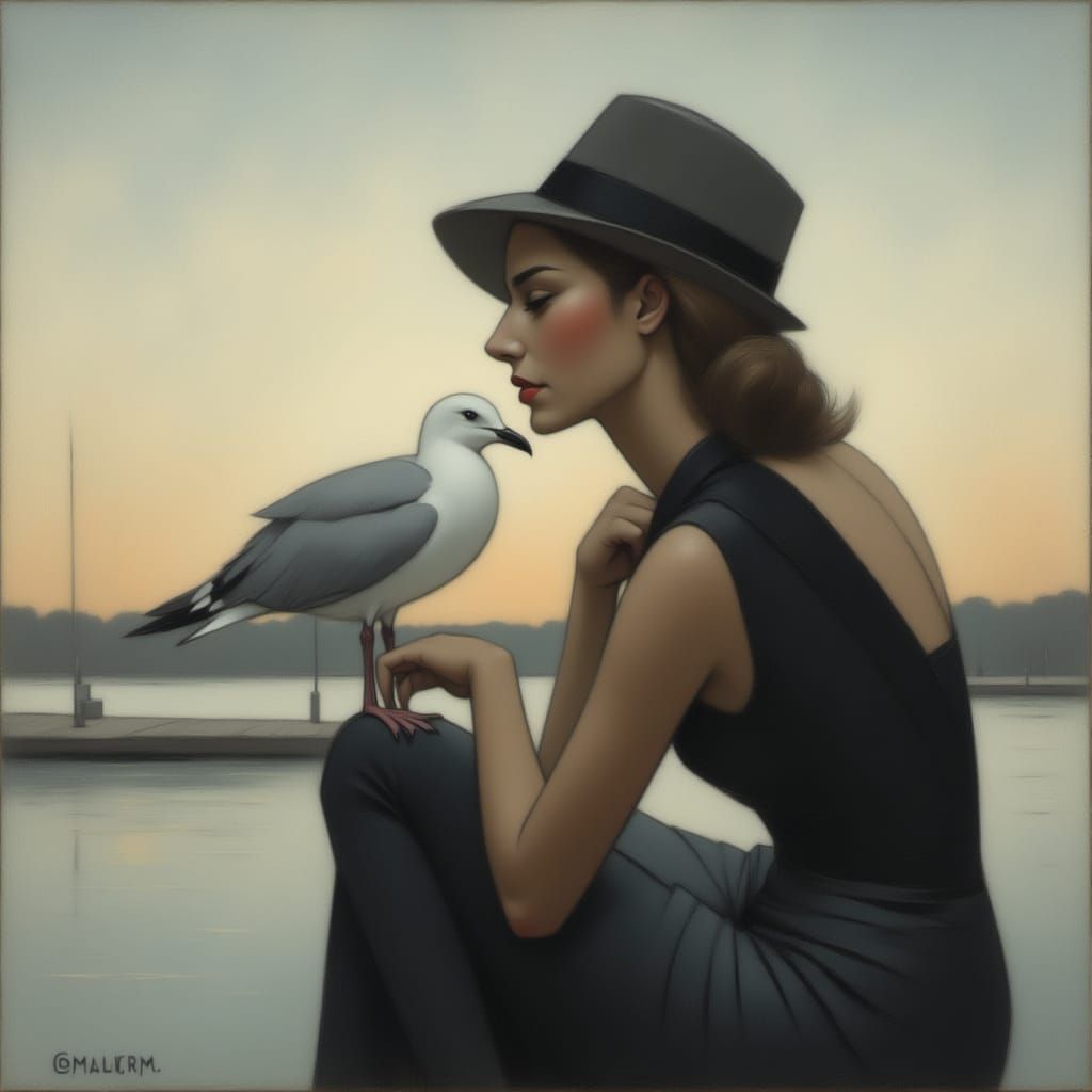 Elegant Lady Posing with Seagull in Evening