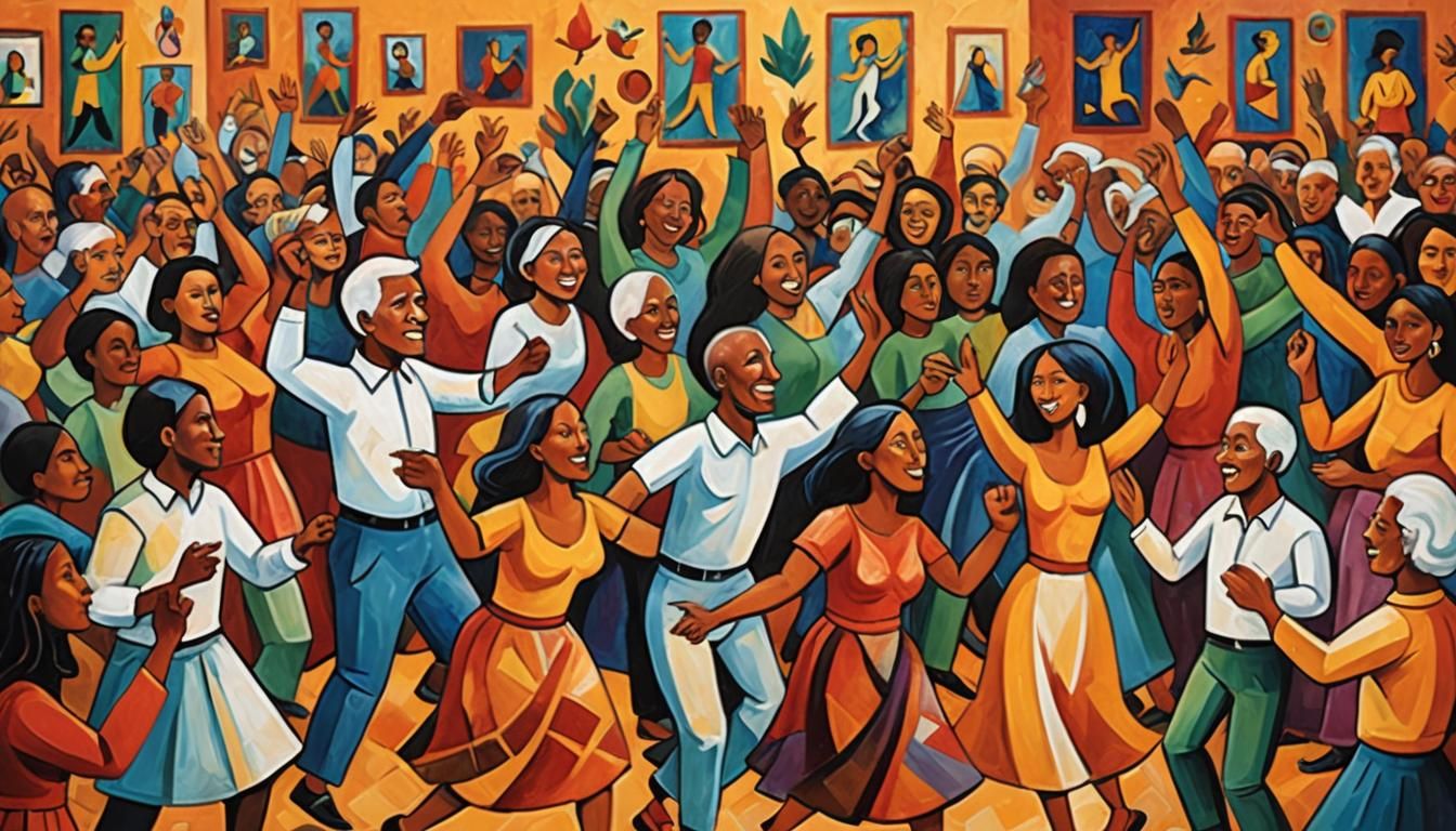 Harmonious Gathering of Diverse Cultures in Cubist Style