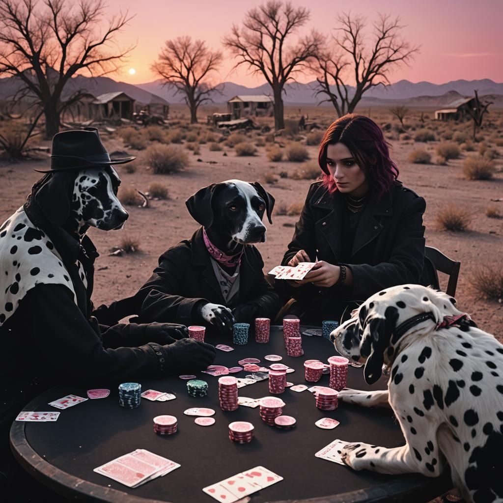 Surreal Poker Game in War-Torn Landscape