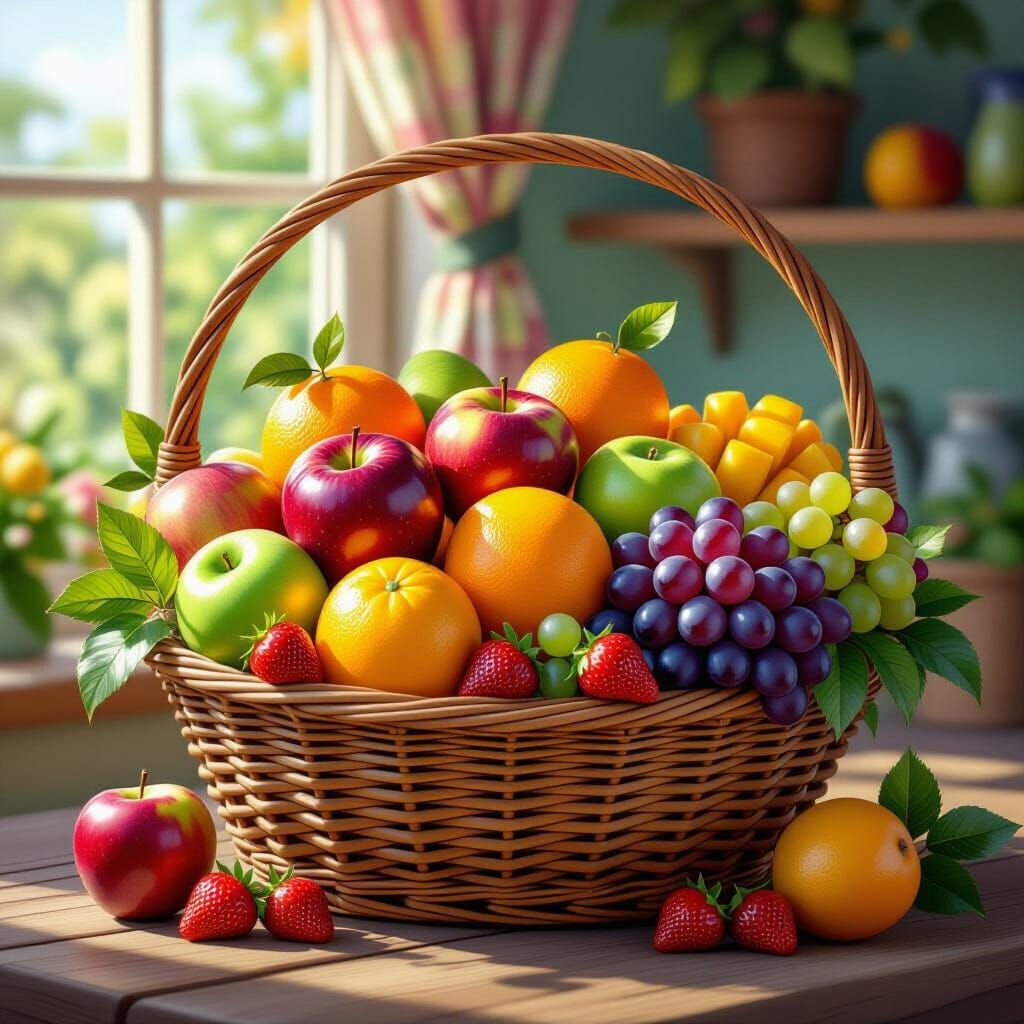 Vibrant Fruit Basket in Cozy Cottage Setting
