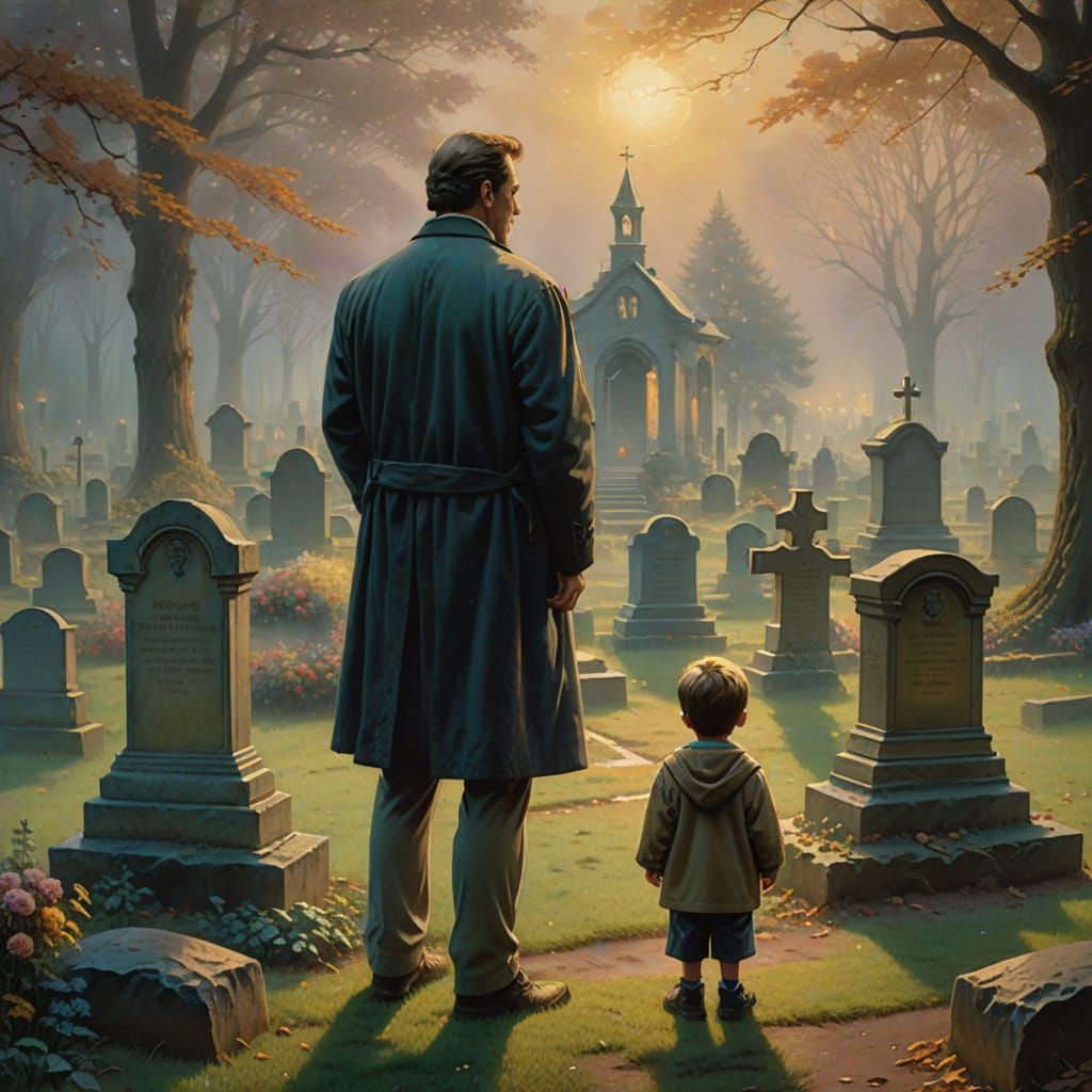 Father Mourns at Son's Grave in Golden Light