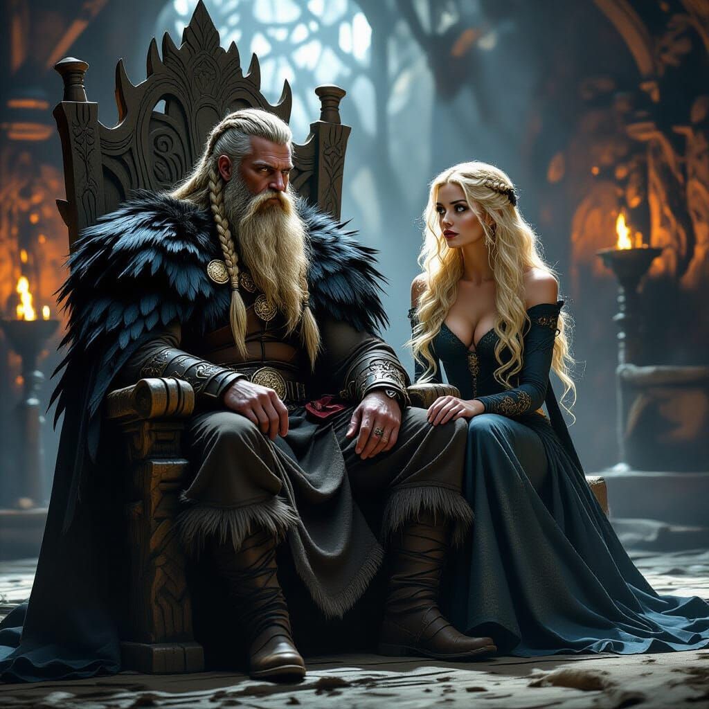 Viking Warrior and Woman in Dark Fantasy Hall