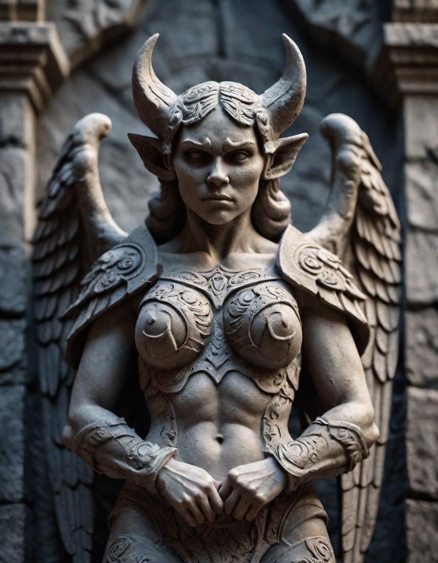 Gargoyle Warrior Woman Stone Carving in 8K