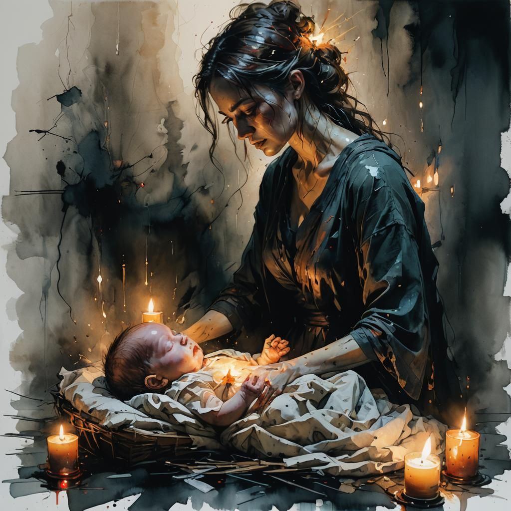 Woman Saves Baby in Candlelight: Surreal Art