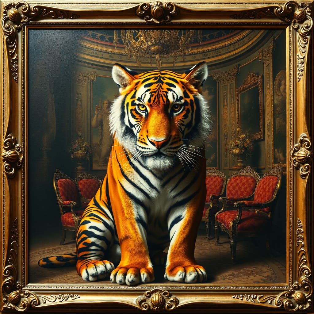 Tiger in Baroque Palace: Oil Painting